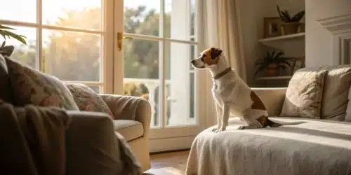 Realistic image of a dog in a cozy home environment emphasizing pet safety in areas where cannabis is used.