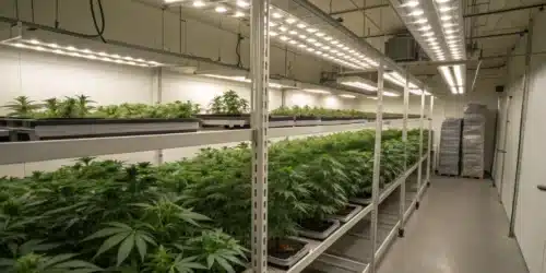 LED grow lights and ballasts setup in indoor cannabis grow room