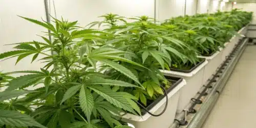 Realistic view of cannabis plants in a hydroponic setup using the best hydro nutrients for weed to enhance growth.