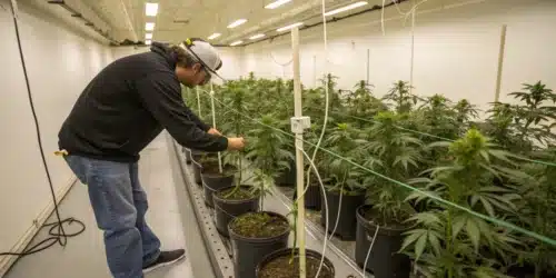 Grower tending to Jack Herer regular cannabis plants in an indoor grow room