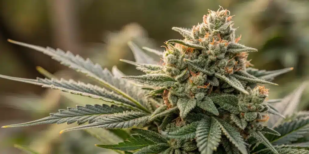 Close-up of Northern Lights x Skunk Strain dense bud with orange hairs and heavy trichome coverage in outdoor grow