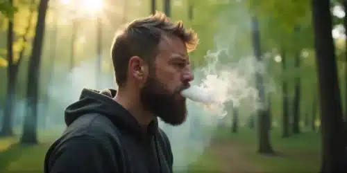 Bearded man exhaling cannabis smoke in the forest, potentially suffering from burnt throat.