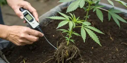 Grower testing cannabis ph range in soil media with a digital pH meter