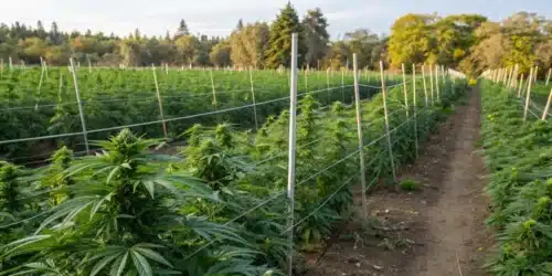 Realistic view of a marijuana garden employing natural home remedies and barriers to keep raccoons away.