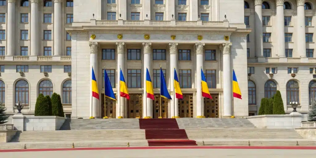 Realistic view of a Romanian government building representing Romania Weed Laws and the latest legal revisions.
