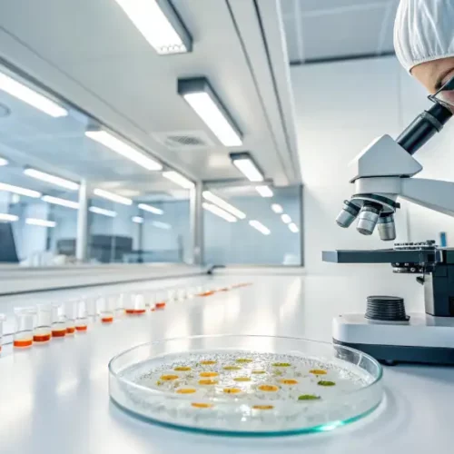 Scientist examining flavonoid samples in a petri dish under a microscope in a modern laboratory.