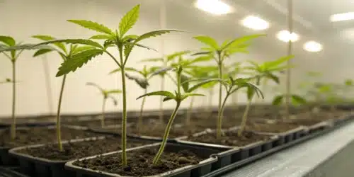 Realistic indoor scene of seedlings under diffused light, illustrating proper conditions without harsh direct sunlight.