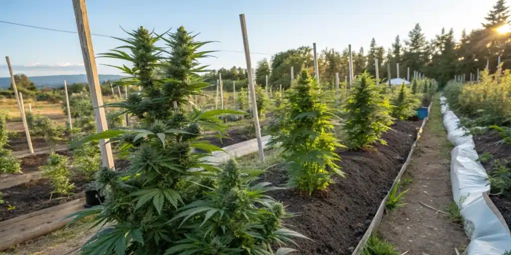 Skywalker Ghost x Triangle Kush cannabis plants growing outdoors in neat rows, supported by wooden stakes at sunset