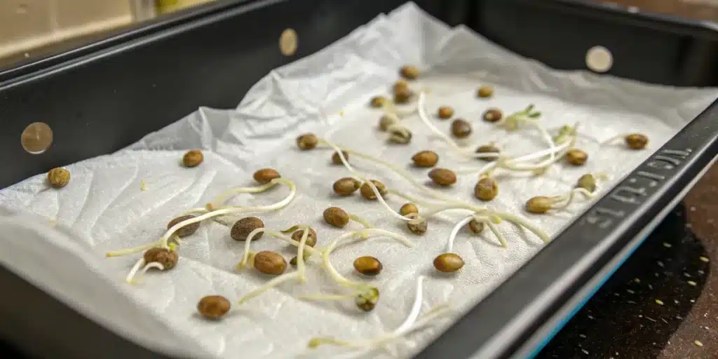 Star Killer Regular cannabis seeds sprouting with white roots on moist paper towel

