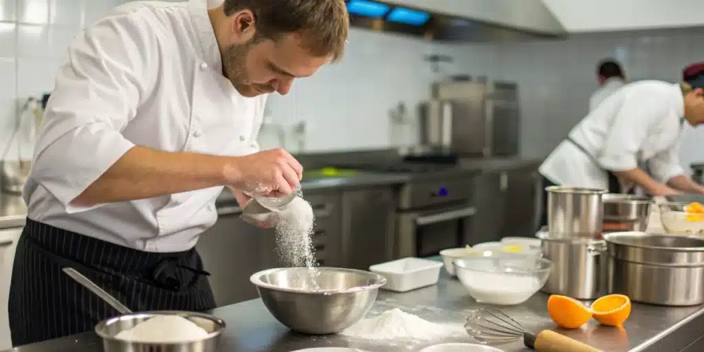Chef adding THCA powder to a mixing bowl in a professional kitchen setting.

