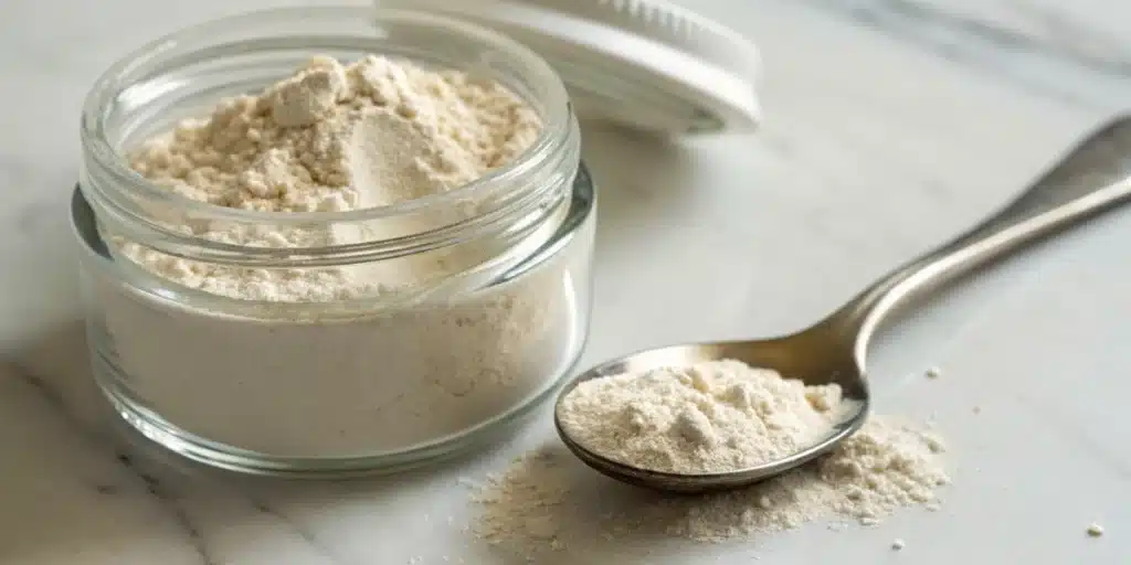 Glass jar filled with THCA powder and a spoon with THCA powder on a marble surface.

