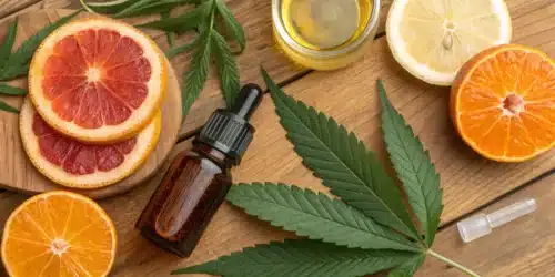 Realistic view of citrus fruits and extraction equipment, highlighting the natural source of valencene terpene.