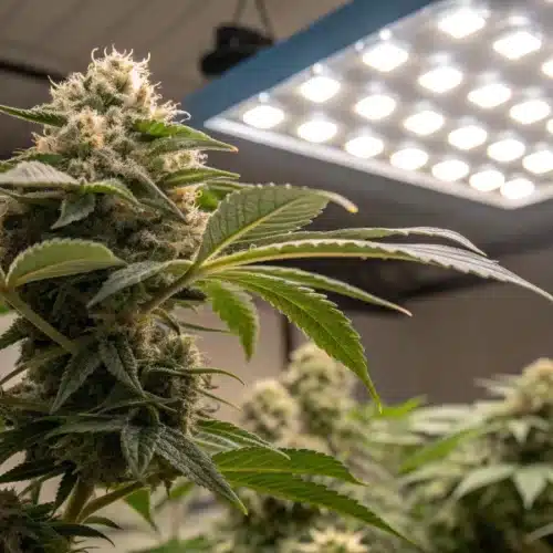 Cannabis growing indoors tips shown with mature flowering plant under powerful LED light in a clean, controlled grow room