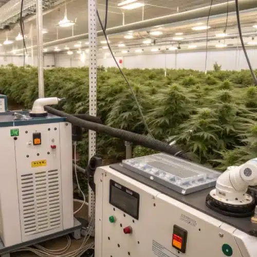 Detailed indoor cannabis setup featuring LED lighting, hydroponic equipment, and neatly arranged plants to illustrate practical growing tips.
