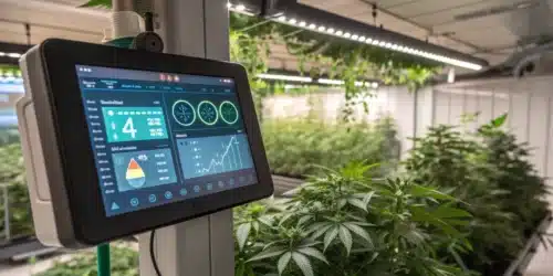 Digital control screen tracking cannabis veg stage metrics in an advanced indoor grow setup; keyword: cannabis veg stage.