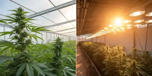 Flowering cannabis plants grown in greenhouse and indoor setups showing differences in light and bud density for greenhouse weed vs indoor weed