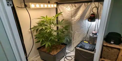 Indoor weed grow setup featuring a fabric grow tent, LED lighting system, and cannabis plants in square pots on carpeted floor