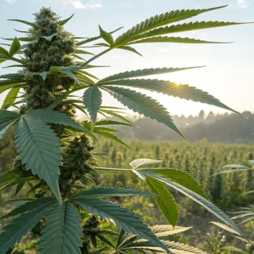 Sunlit cannabis plant in an open field with large green leaves and buds