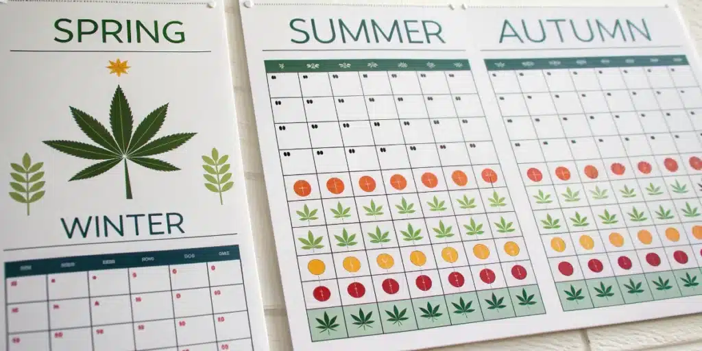 Seasonal calendar showing optimal months and stages for growing cannabis throughout spring, summer, autumn, and winter for when to grow cannabis