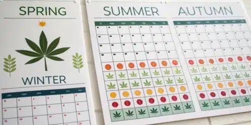 Seasonal calendar showing optimal months and stages for growing cannabis throughout spring, summer, autumn, and winter for when to grow cannabis