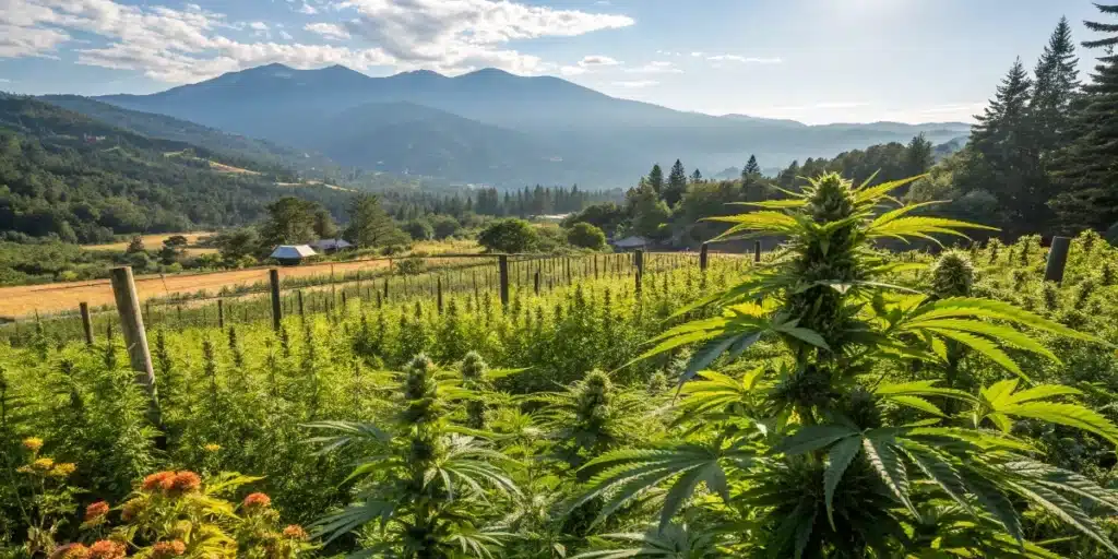Outdoor marijuana crop with thick buds surrounded by rolling hills and blue sky for when to plant marijuana
