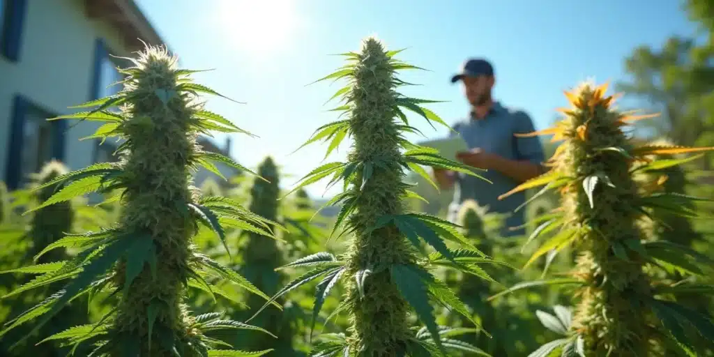 A cultivator inspecting autoflowering cannabis plants.