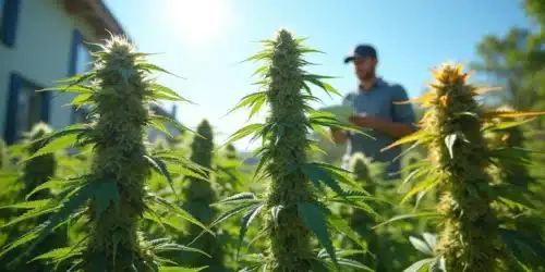 A cultivator inspecting autoflowering cannabis plants.