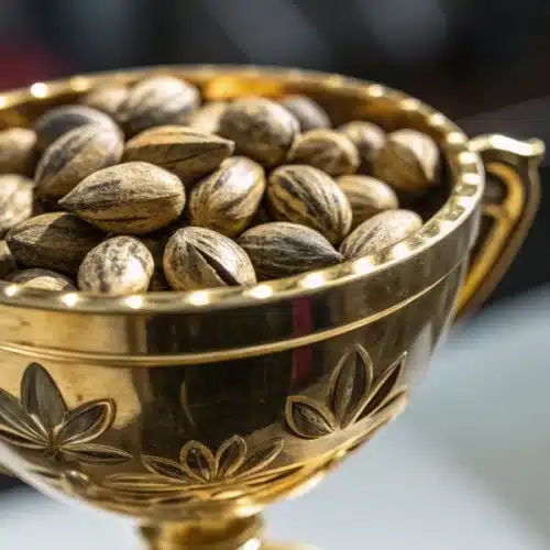 Golden trophy filled with high-quality cannabis seeds, representing the best cannabis strains of 2024.