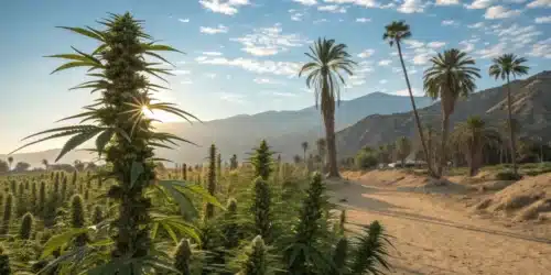 Cannabis plants growing under the California sun, with palm trees and mountains in the background.