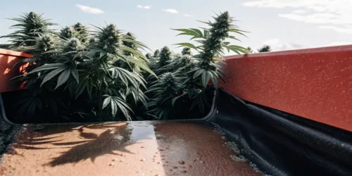 Mature cannabis plants viewed from inside a grow bed with standing water, under a sunny sky.