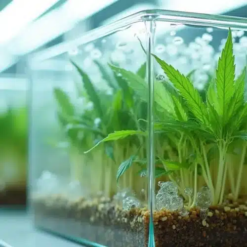 Cannabis root growth lentil experiment in transparent container, showcasing healthy seedling roots.