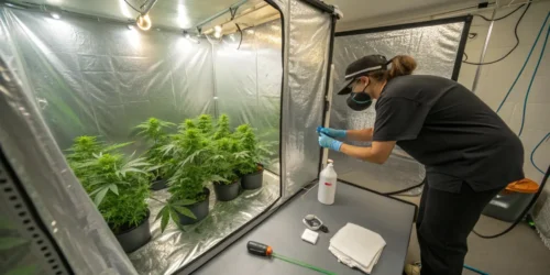 Person in mask and gloves tending to cannabis plants in a grow tent, with cleaning supplies.