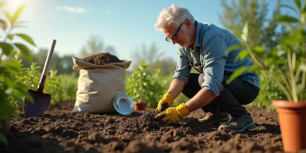 Senior farmer preparing nutrient-rich soil for growing autoflowering cannabis outdoors.