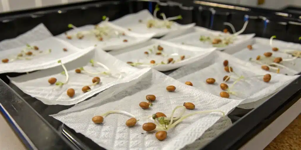 Multiple paper towel trays filled with sprouted Sunset Sherbet Weed Strain seeds, featuring long white taproots
