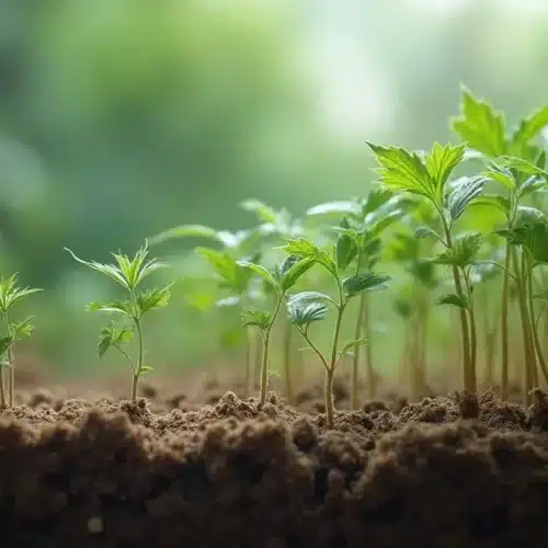 Early-stage cannabis plants vulnerable to root nematodes infestation in organic soil.