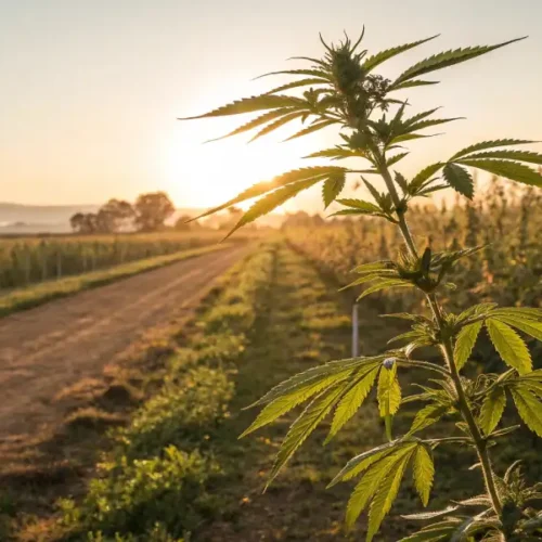 Cannabis plant growing on a dirt path with a sunset backdrop in a field.