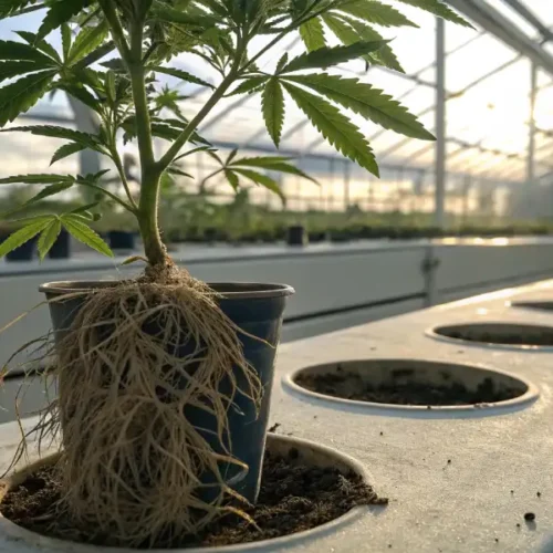 Close-up of a cannabis plant in a ceramic pot, showing roots exposed in the soil.