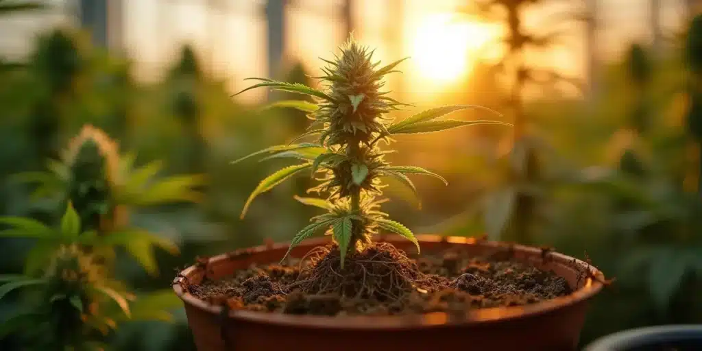 Cannabis root lock in potted plant under sunset light, roots exposed and nutrient-stressed.