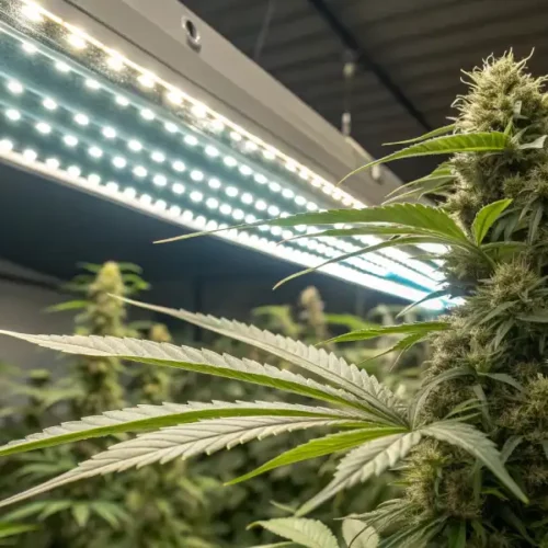Cannabis plants growing under LED grow lights in a controlled indoor setting.