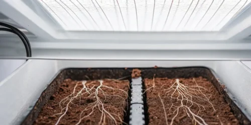 Close-up of cannabis roots visibly absorbing nutrients from the soil in a well-lit environment.