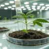 Cannabis seedlings growing in a petri dish, displayed under bright lights.