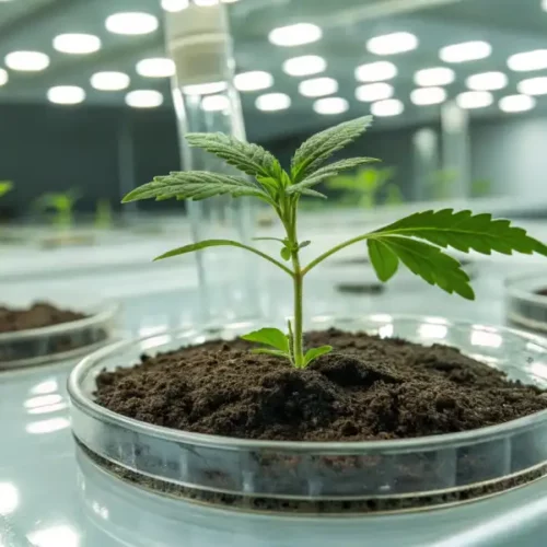 Cannabis seedlings growing in a petri dish, displayed under bright lights.