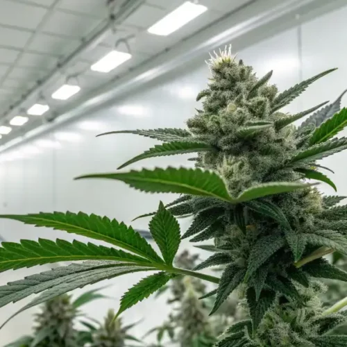 Cannabis plant with a dense bud in a controlled indoor grow room with white lighting.