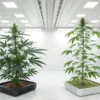 Cannabis plant with dense buds growing under artificial lights in a clean, controlled environment.