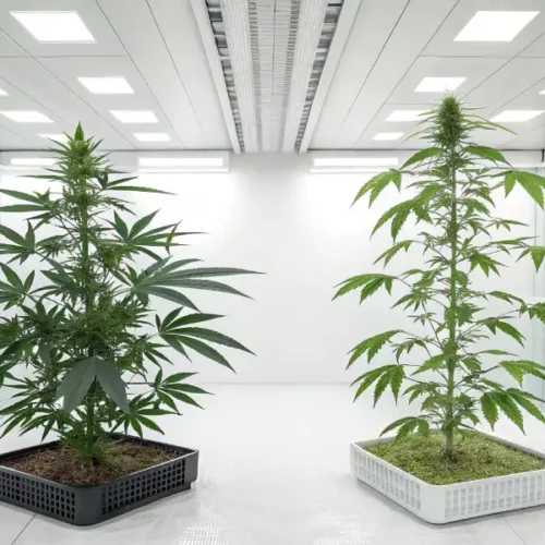 Cannabis plant with dense buds growing under artificial lights in a clean, controlled environment.