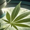 Close-up of a cannabis leaf, highlighting visible trichomes and intricate details.