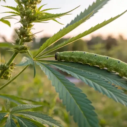 Green caterpillar resting on a cannabis leaf with sunset in the background.