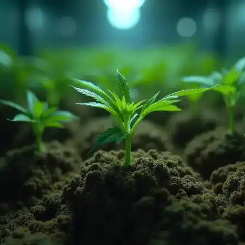 Cannabis root lock symptoms under artificial light, young plants struggling with nutrient uptake.