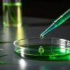 Macro shot of a pipette dropping green liquid into a petri dish with cannabis leaves in a laboratory.