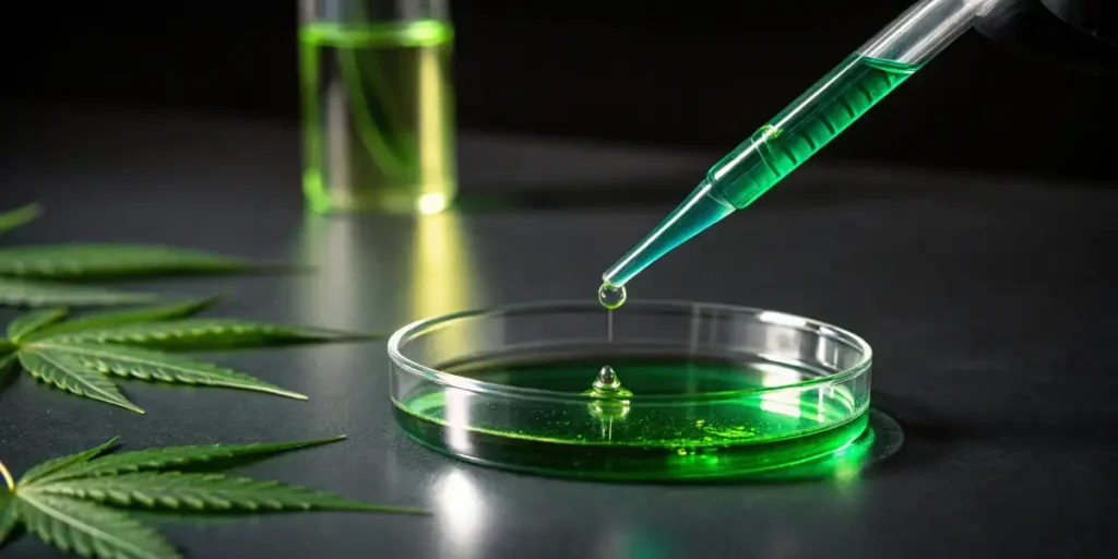 Macro shot of a pipette dropping green liquid into a petri dish with cannabis leaves in a laboratory.